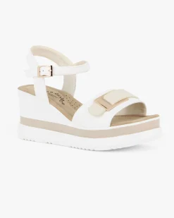MISS GLOBO - Sandalo platform bianco/panna con fibbia sulla fascia anteriore e sottopiede in memory soft, zeppa 7CM