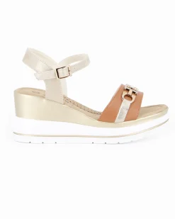 MISS GLOBO - Sandalo platform cuoio/beige con sottopiede in memory soft e morsetto con strass, zeppa 7CM