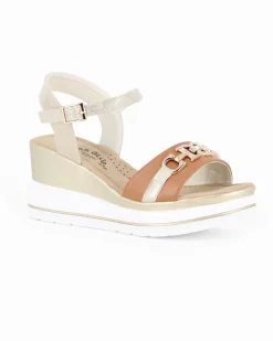 MISS GLOBO - Sandalo platform cuoio/beige con sottopiede in memory soft e morsetto con strass, zeppa 7CM