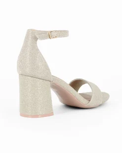 MISS GLOBO - Sandalo platino in lurex con sottopiede in VERA PELLE e cinturino alla caviglia, tacco 7CM