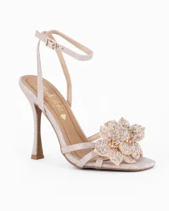 MISS GLOBO - Sandalo rosegold in lurex con sottopiede in VERA PELLE e applicazione fiori in strass, tacco 10,5CM