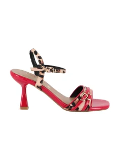 MISS GLOBO - Sandalo rosso leopardato con punta quadrata e sottopiede in VERA PELLE, tacco 7CM