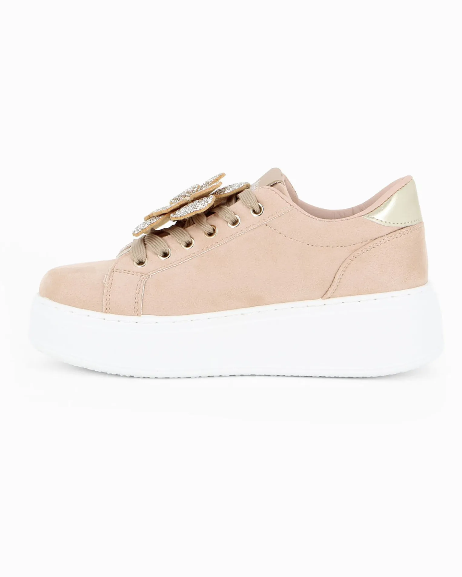 MISS GLOBO - Sneakers beige scamosciata con lacci e applicazione fiore in strass