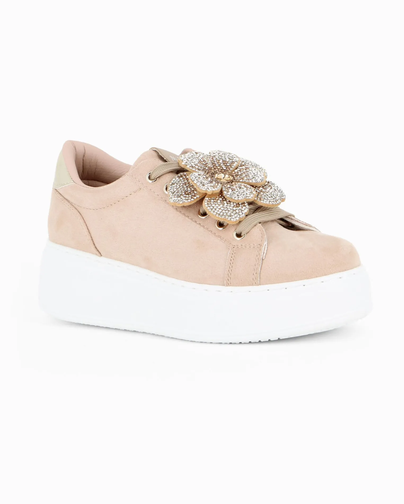 MISS GLOBO - Sneakers beige scamosciata con lacci e applicazione fiore in strass