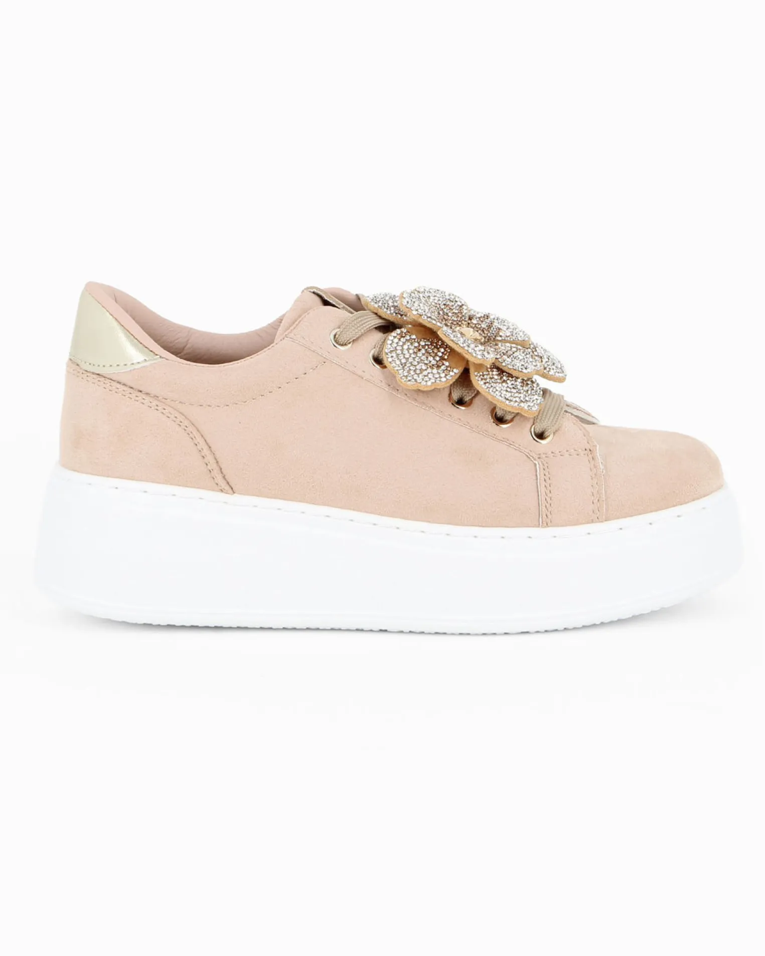 MISS GLOBO - Sneakers beige scamosciata con lacci e applicazione fiore in strass