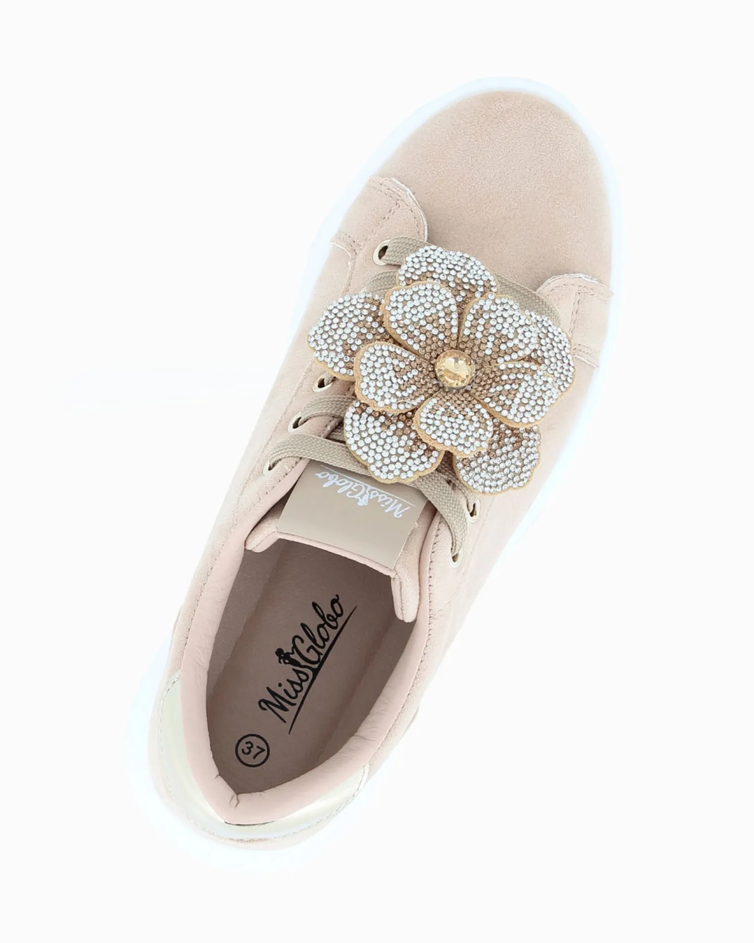 MISS GLOBO - Sneakers beige scamosciata con lacci e applicazione fiore in strass