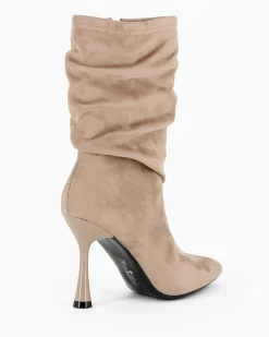 MISS GLOBO - Stivale khaki scamosciato a punta con gambale arricciato e zip laterale, tacco 9,5CM