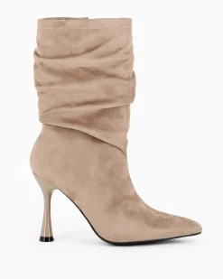 MISS GLOBO - Stivale khaki scamosciato a punta con gambale arricciato e zip laterale, tacco 9,5CM