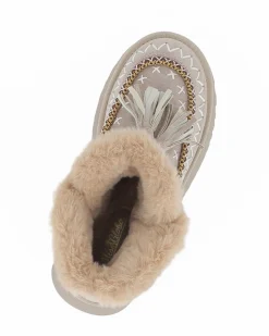 MISS GLOBO - Tronchetto beige scamosciato con pelliccia interna e cinturino frontale, dettaglio pennacchi a frange