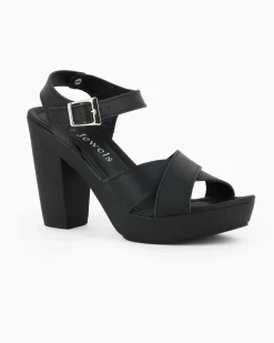MY JEWELS - Sandalo zoccolo nero in VERA PELLE con fasce incrociate e cinturino alla caviglia, tacco 10CM