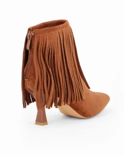 MY JEWELS - Tronchetto camel scamosciato a punta con frange e zip posteriore, tacco 7,5CM