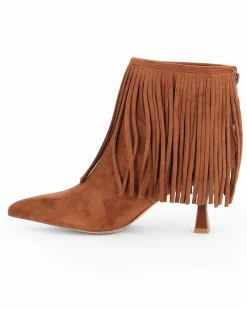 MY JEWELS - Tronchetto camel scamosciato a punta con frange e zip posteriore, tacco 7,5CM