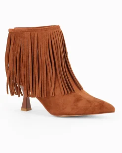 MY JEWELS - Tronchetto camel scamosciato a punta con frange e zip posteriore, tacco 7,5CM