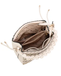 NARDINI - Borsa a mano beige effetto paglia con tre scomparti interni e manico intrecciato, tracolla removibile