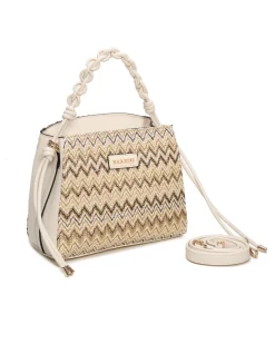 NARDINI - Borsa a mano beige effetto paglia con tre scomparti interni e manico intrecciato, tracolla removibile