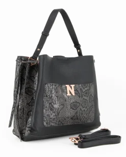 NARDINI - Borsa a spalla nera pitonata con due scomparti interni e tasca frontale, tracolla removibile