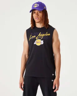 NEW ERA - Canotta nera da uomo in cotone con logo Los Angeles Lakers