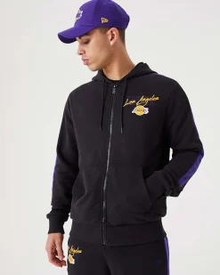 NEW ERA - Felpa nera e viola con cappuccio zip frontale e logo Lakers