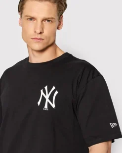 NEW ERA - T shirt girocollo da uomo nera in cotone con logo bianco
