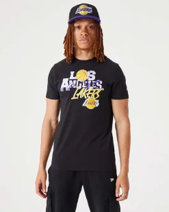 NEW ERA - T shirt girocollo da uomo nera in cotone con logo Los Angeles Lakers