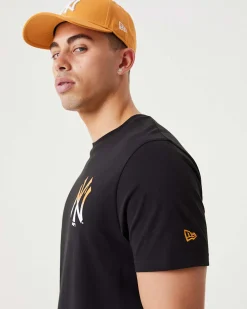 NEW ERA - T shirt girocollo da uomo nera in cotone con logo bianco e giallo