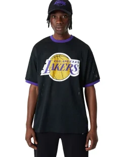 NEW ERA - T shirt girocollo oversize fit nera e viola in mesh traspirante con logo Lakers