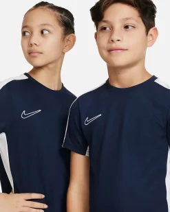 NIKE - T shirt da bambino blu con bande laterali e logo bianco