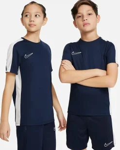 NIKE - T shirt da bambino blu con bande laterali e logo bianco