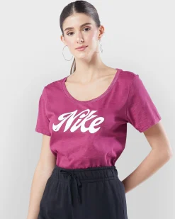 NIKE - T shirt girocollo da donna viola in tessuto traspirante con logo bianco