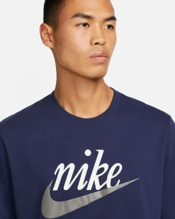 NIKE - T shirt girocollo da uomo blu in cotone con logo argento