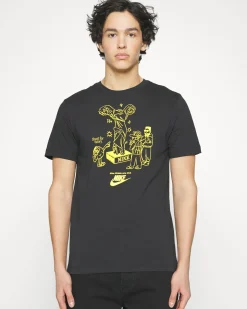 NIKE - T shirt girocollo da uomo nera in cotone con logo giallo