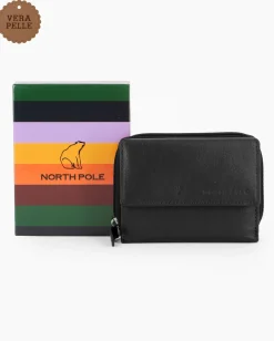 NORTH POLE - Portafoglio nero in VERA PELLE da donna con patta e tasca posteriore