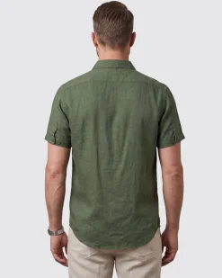 ON SPIRIT - Camica mezza manica collo classico verde militare lino-viscosa