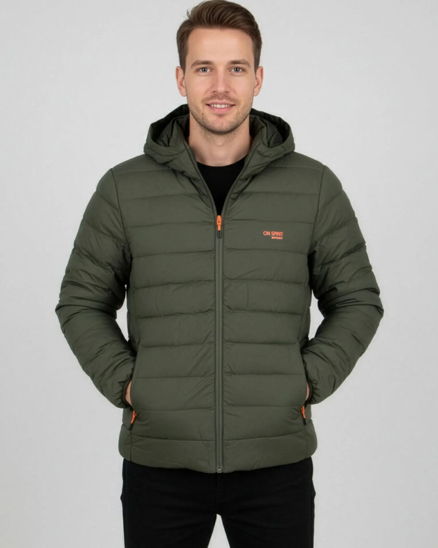 ON SPIRIT - GIUBBINO CON CAPPUCCIO FULL ZIP DA UOMO VERDE CON DETTAGLI ARANCIONI FLUO, LEANDRO