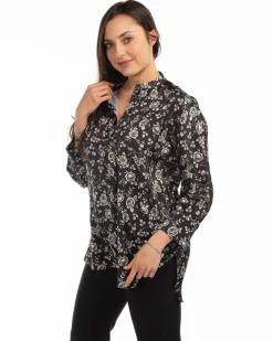 PAQUITA - BLUSA NERA A FANTASIA CON COLLO ALLA COREANA