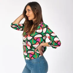 PAQUITA - CAMICIA VERDE A FANTASIA, SCOLLO A V E  MANICA 3/4