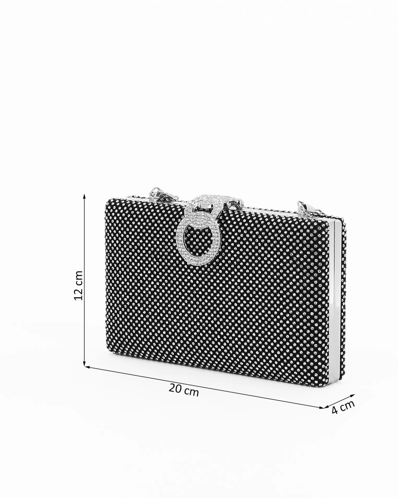 Pochette clutch nera con strass argento e chiusura tre anelli con strass - DIVAS