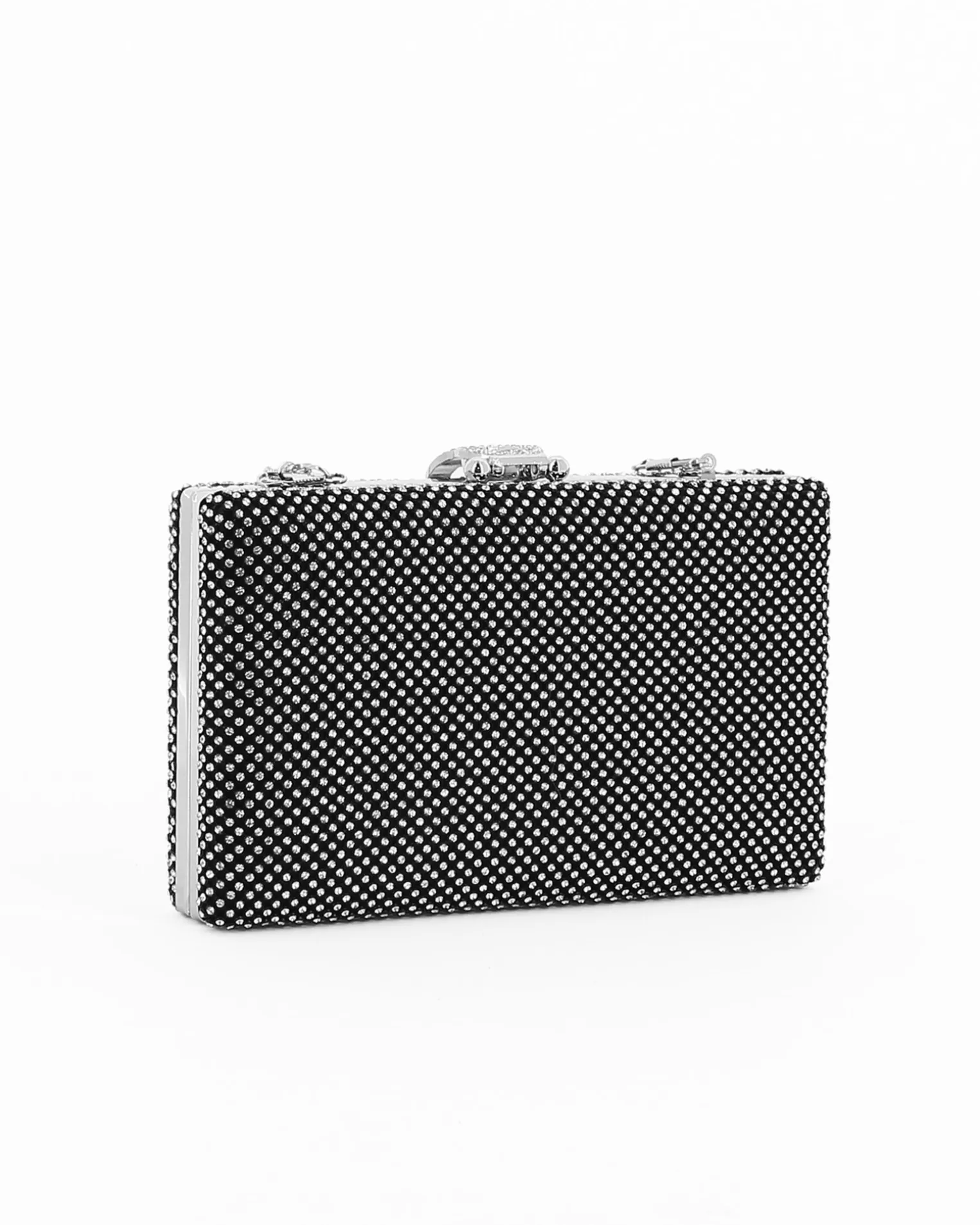Pochette clutch nera con strass argento e chiusura tre anelli con strass - DIVAS