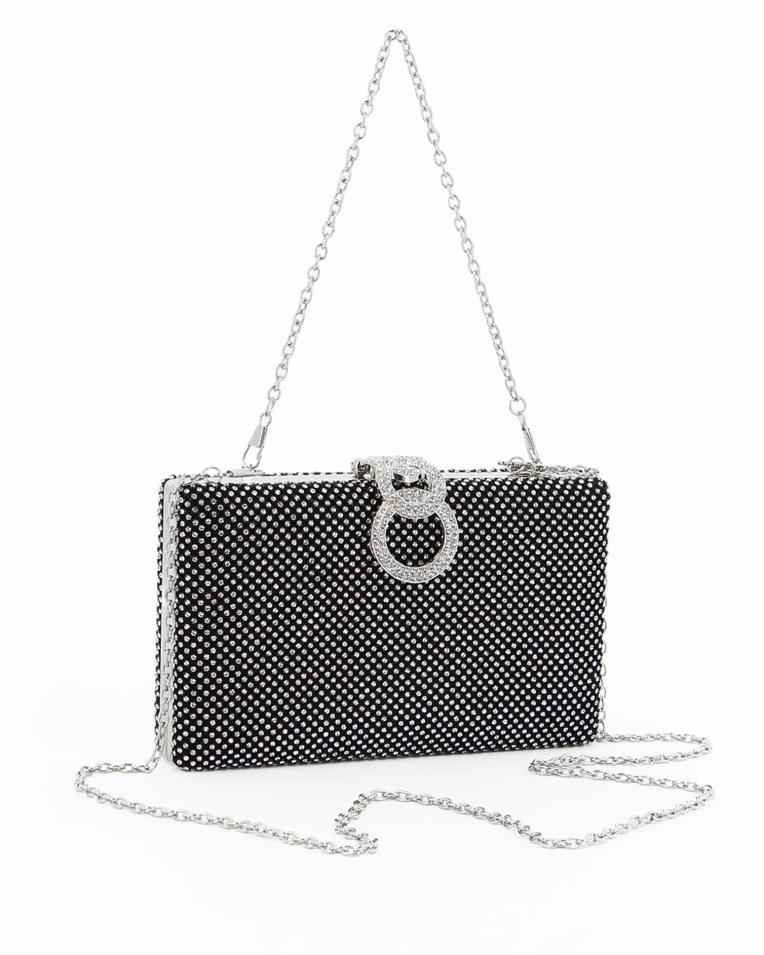 Pochette clutch nera con strass argento e chiusura tre anelli con strass - DIVAS