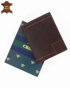 Portafoglio uomo marrone  con incisione logo frontale, in VERA PELLE - CHARRO