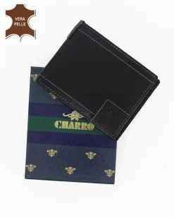 Portafoglio uomo nero con incisione logo frontale, in VERA PELLE - CHARRO