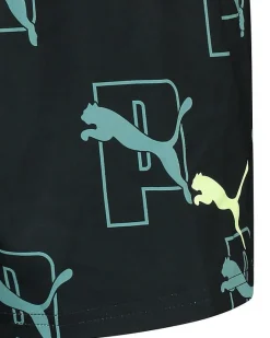 PUMA - Costume da bagno pantaloncino corto nero con stampa logo bianca e azzurra