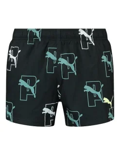 PUMA - Costume da bagno pantaloncino corto nero con stampa logo bianca e azzurra
