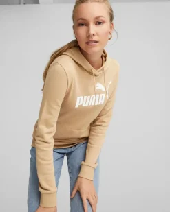 PUMA - Felpa da donna beige con logo bianco e cappuccio