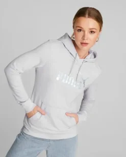 PUMA - Felpa da donna bianca con cappuccio e logo metallizzato