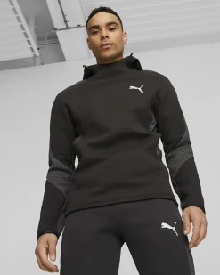 PUMA - Felpa da uomo nera in tessuto traspirante con cappuccio e coulisse in vita
