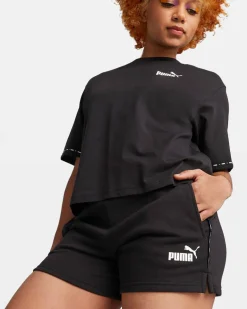 PUMA - Pantaloncini corti da donna neri con logo bianco e stampa logo laterale