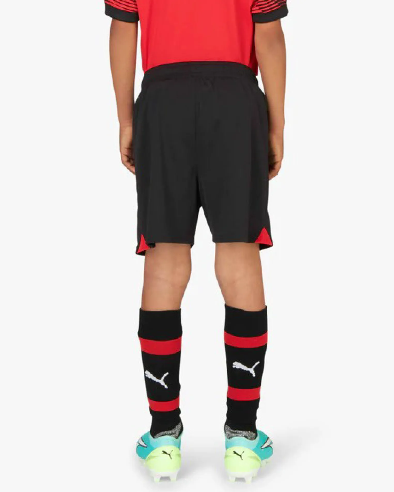 PUMA - Pantaloncini da calcio bambino neri e rossi in tessuto traspirante con logo Milan
