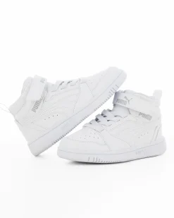 PUMA - Sneaker alta da bambino bianca con dettagli grigi e strappo, numerata 28/35 - REBOUND V6 MID AC PS