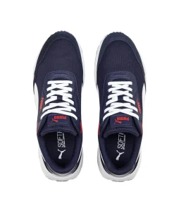 PUMA - Sneaker da uomo blu e bianca in mesh traspirante con dettagli rossi e soletta in memory foam - RUNTAMED
